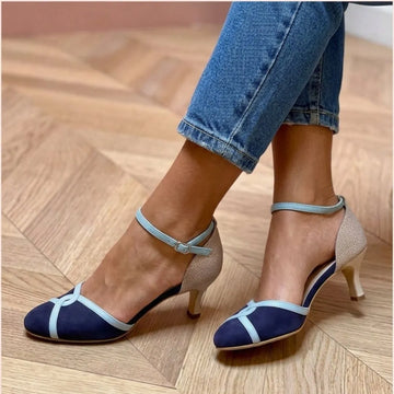 Chic Navy Blue Round Toe Ankle Strap Kitten Heels