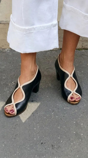 Black Leather Peep Toe Cutout Cream Block Heels