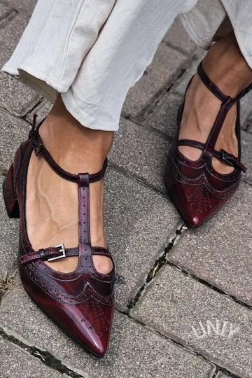 Burgundy Brogue T-Strap Block Heels