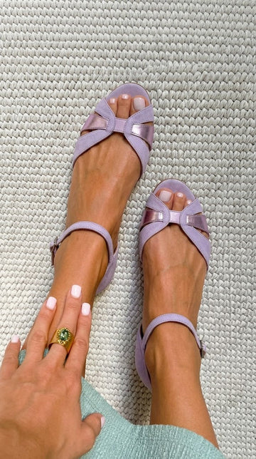 Metallic Suede Open Toe Ankle Strap Lilac Block Heels