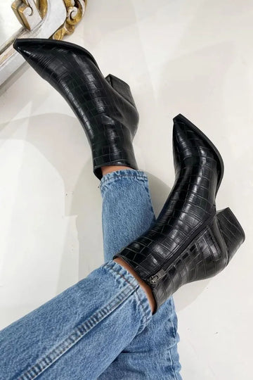Crocodile Pattern Pointed Toe Side Zipper Versatile Block Heel Ankle Boots
