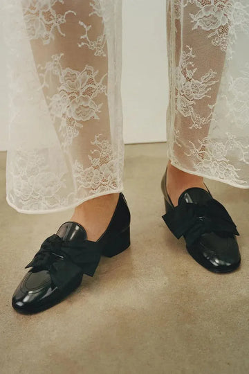 Bow Decor Round Toe Low Block Heel Black Loafers