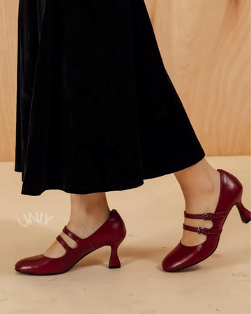 Elegant Burgundy Double Strap Mary Jane Kitten Heels
