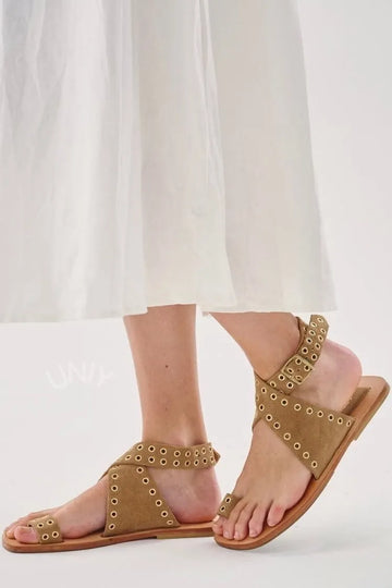 Chic Camel Faux Suede Studded Strappy Flat Sandals