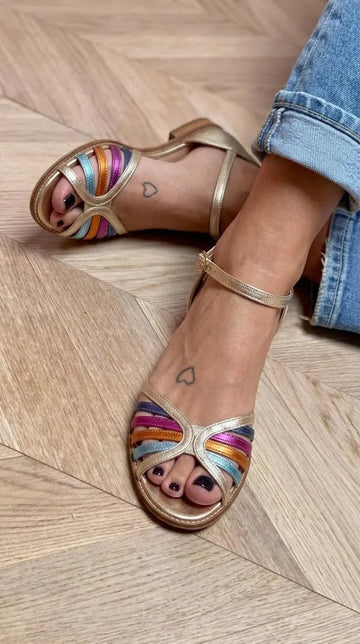 Rainbow Metallic Open Toe Ankle Strap Gold Flat Sandals