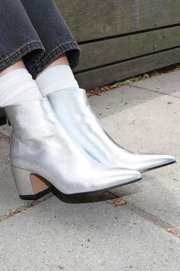 Metallic Sheen Pointed Toe Silver Chunky Heel Boots