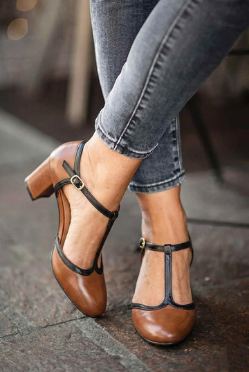 Two-Tone Leather T-Strap Round Toe Block Heels