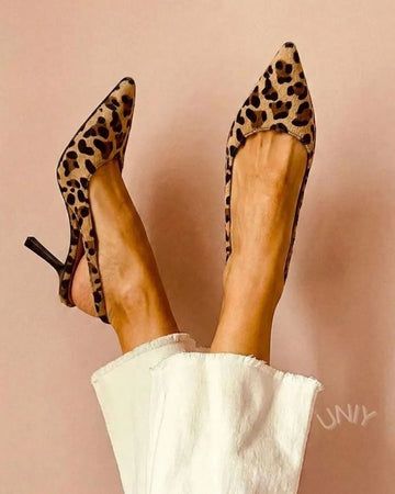 Chic Leopard Print Pointed Toe Slingback Kitten Heels