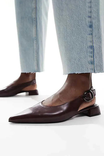 Pointed Toe Solid Color Slingback Strap Buckle Burgundy Flats