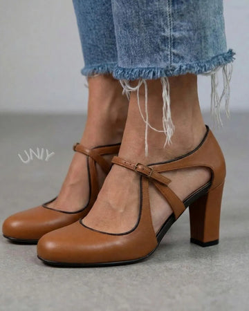 Vintage Brown Multi Strap Round Toe Block Heels