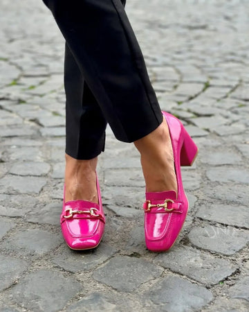 Fuchsia Patent Leather Horsebit Square Toe Block Heels