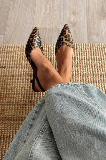 Leopard Print Pointed Toe Slingback Brown Kitten Heels