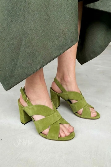Moss Green Suede Crisscross Strap Block Heel Sandals