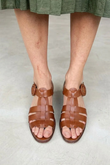 Retro Brown Leather T-Strap Caged Fisherman Flat Sandals