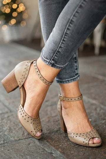 Cutout Peep Toe Ankle Strap Taupe Block Heels