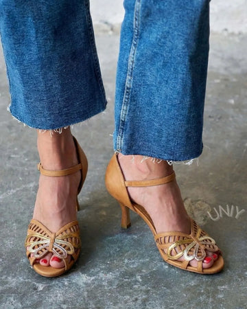 Vintage Butterfly Lattice Peep Toe Kitten Heel Ankle Sandals