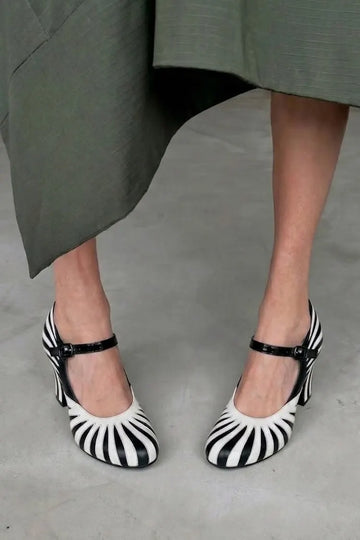 Black White Striped Sunburst Mary Jane Pumps