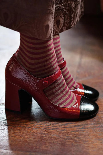 Colorblock Round Toe Instep Strap Buckle Red Chunky Heels