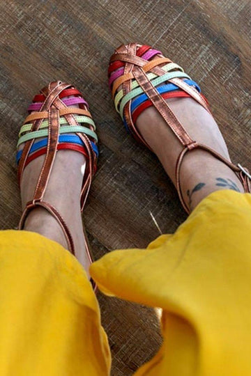 Rainbow Metallic Woven Huarache Closed Toe Sandals