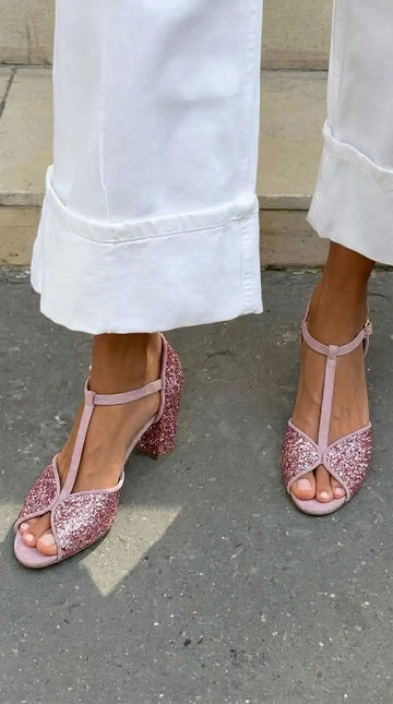 Pink Glitter Peep Toe T-Strap Blush Chunky Heels