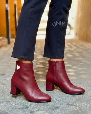 Burgundy Leather Ankle Boots Heart Detail Mid Block Heels