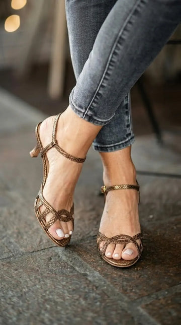 Snakeskin Open Toe Ankle Strap Bronze Kitten Heels