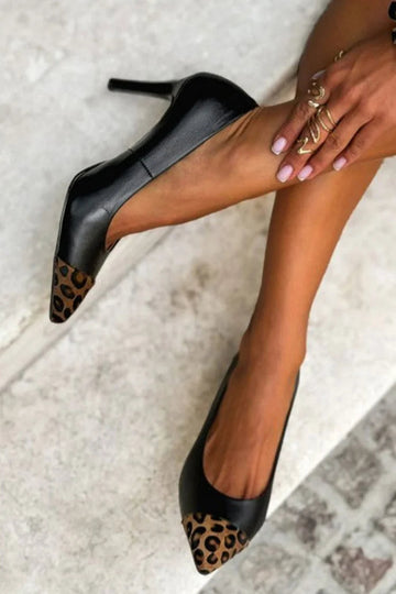 Patchwork Leopard Print Pointed Toe Black Stiletto Heels