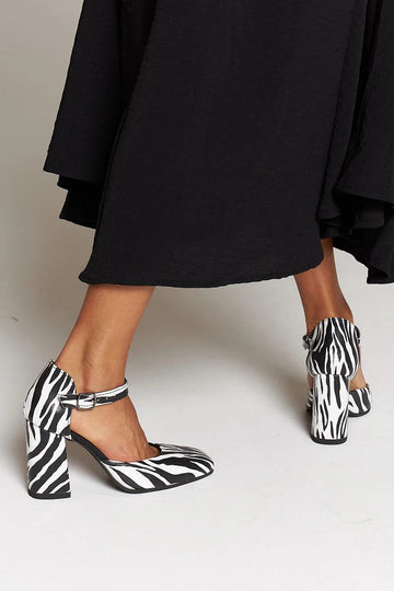Zebra Print Ankle Strap Buckle Black Chunky Heels