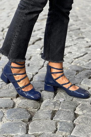 Multi Straps Buckles Solid Color Navy Chunky Heels
