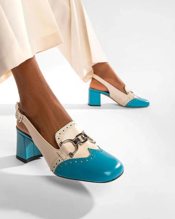 Blue and White Colorblock Square Toe Metal Buckle Slingback Block Heels