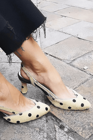 Golden Polka Dot Slingbacks. Heels