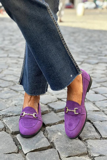 Metallic Buckle Decor Round Toe Patchwork Purple Loafers