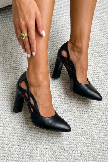 Cutout Side Pointed Toe Closed Back Black Chunky Heels