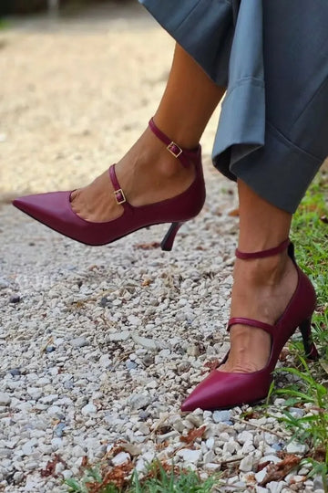 Burgundy Pointed Toe Double Strap Stiletto Heels