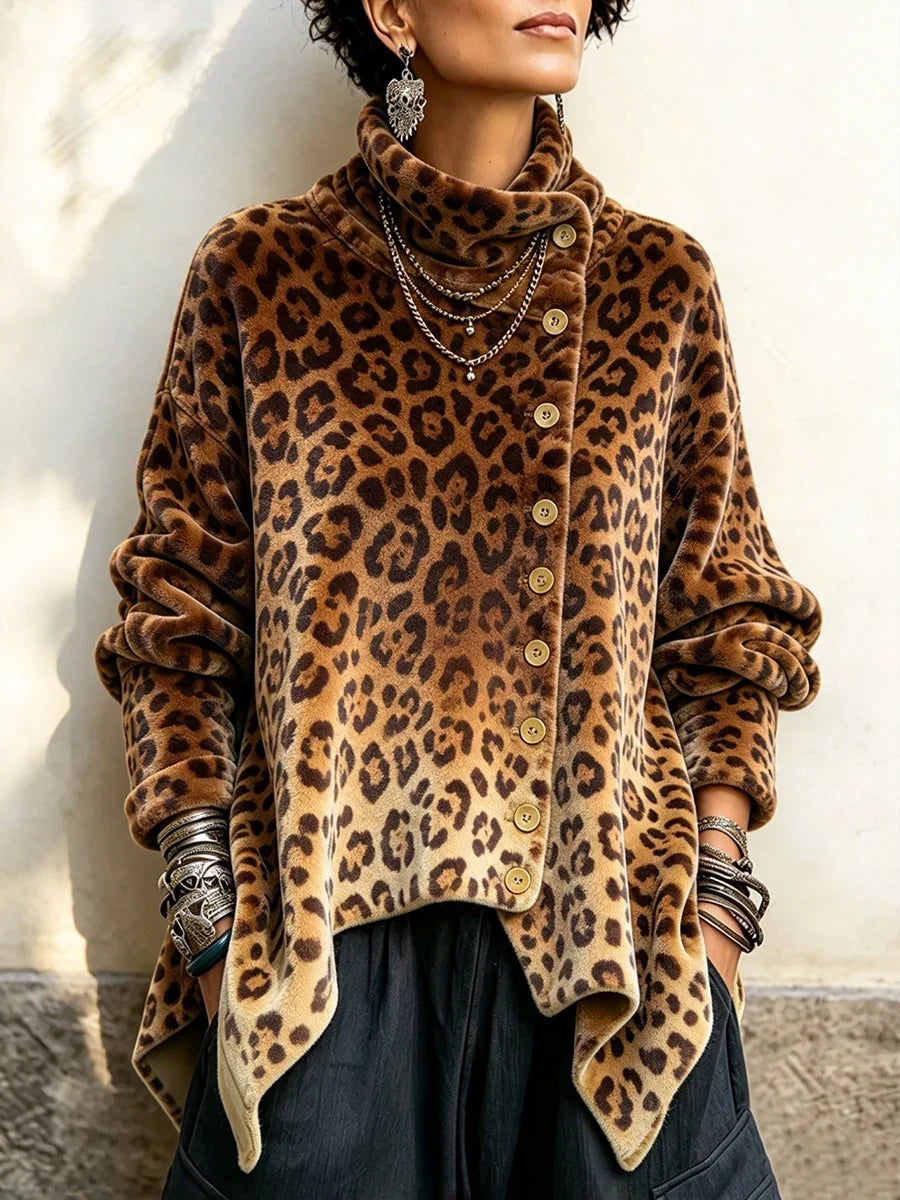 🤲LAST DAY SAVE 49% 🐆 Leopard Velvet Asymmetrical Button Top – Cozy, Flattering & Effortlessly Chic