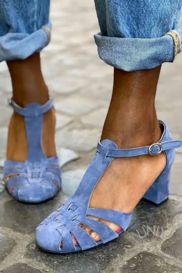 Chic Faux Suede Woven T-Strap Chunky Heel Pumps