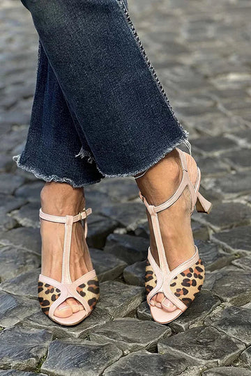 Leopard Print Patchwork Peep Toe Pink Stiletto Heels