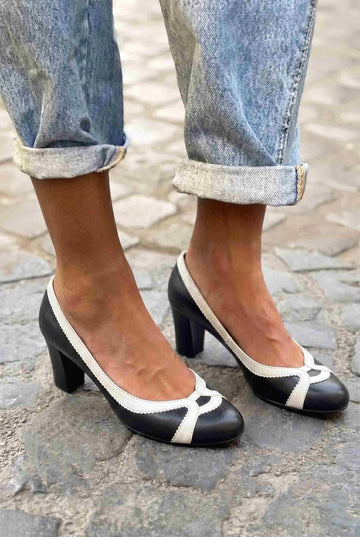 Vintage Round Toe Scalloped Black White Block Heels