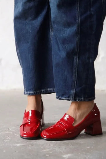 Square Toe Patent Patchwork Versatile Comfortable Red Block Heels