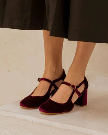 Elegant Burgundy Velvet Ankle Strap Cutout Block Heels