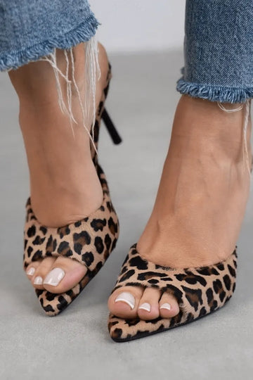 Leopard Print Pointed Toe Open Back Stiletto Heels