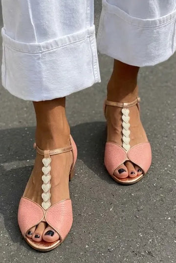 Heart Detail Peep Toe T-Strap Pink Block Heels