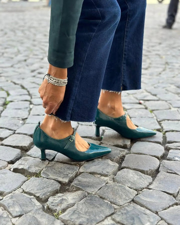 Dark Green PU Leather Pointed Toe Stiletto Mary Jane Pumps