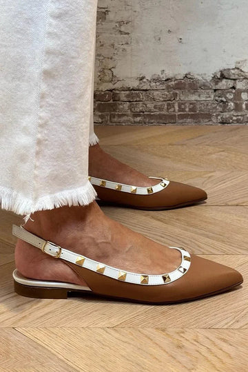 Metal Rivets Decor Contrast Trim Pointed Toe Brown Flats