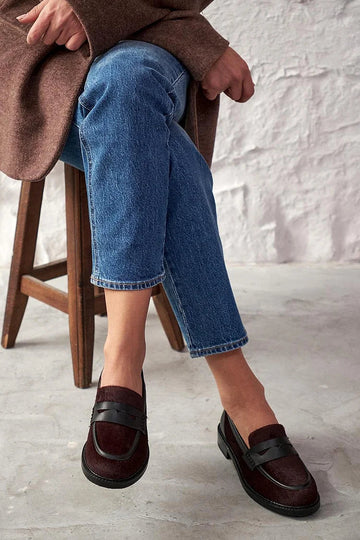 Patchwork Round Toe Low Block Heel Burgundy Loafers