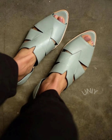 Green Leather Peep Toe Cutout Slingback Flat Summer Sandals
