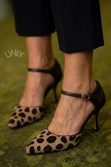 Leopard Print Pointed Toe Leather Strap Retro High Heels