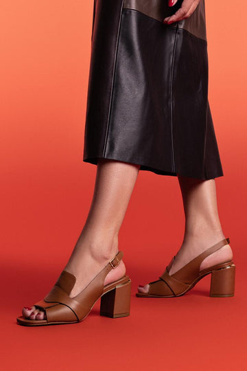 Patchwork Solid Color Open Toe Slingback Brown Chunky Heels