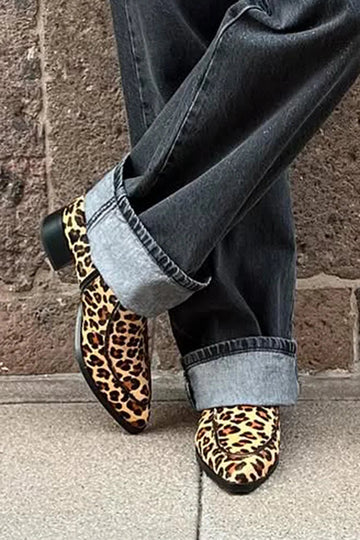 Leopard Print Pointed Toe Beige Chunky Heel Boots
