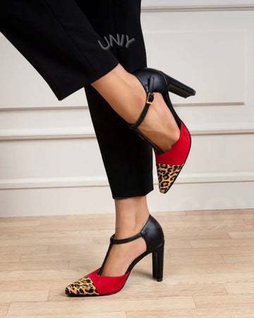 Leopard Print Color Block Faux Suede T-Strap Block Heels